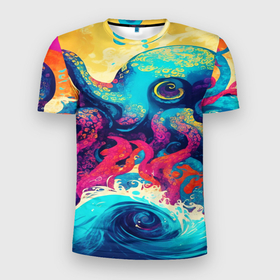 Мужская футболка 3D Slim с принтом Разноцветный осьминог на волнах красок в Белгороде, 100% полиэстер с улучшенными характеристиками | приталенный силуэт, круглая горловина, широкие плечи, сужается к линии бедра | 