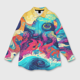 Мужская рубашка oversize 3D с принтом Разноцветный осьминог на волнах красок в Белгороде,  |  | Тематика изображения на принте: 