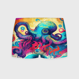 Мужские трусы 3D с принтом Разноцветный осьминог на волнах красок в Санкт-Петербурге, 50% хлопок, 50% полиэстер | классическая посадка, на поясе мягкая тканевая резинка | Тематика изображения на принте: 