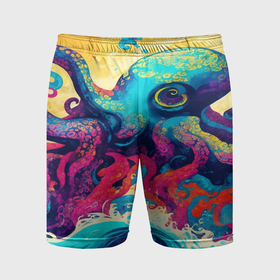 Мужские шорты спортивные с принтом Разноцветный осьминог на волнах красок ,  |  | Тематика изображения на принте: 