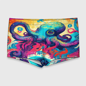 Мужские купальные плавки 3D с принтом Разноцветный осьминог на волнах красок в Белгороде, Полиэстер 85%, Спандекс 15% |  | Тематика изображения на принте: 