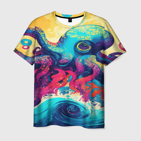 Мужская футболка 3D с принтом Разноцветный осьминог на волнах красок в Белгороде, 100% полиэфир | прямой крой, круглый вырез горловины, длина до линии бедер | Тематика изображения на принте: 
