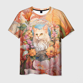 Мужская футболка 3D с принтом Цветочный обаяние котика в Рязани, 100% полиэфир | прямой крой, круглый вырез горловины, длина до линии бедер | 