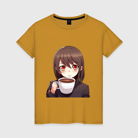 Женская футболка хлопок с принтом Утром девушка с кофе в Курске, 100% хлопок | прямой крой, круглый вырез горловины, длина до линии бедер, слегка спущенное плечо | 