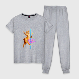 Женская пижама хлопок с принтом поледэнс кот стрип пластика на шесте в Тюмени, 100% хлопок | брюки и футболка прямого кроя, без карманов, на брюках мягкая резинка на поясе и по низу штанин | 
