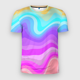 Мужская футболка 3D Slim с принтом неоновая разноцветная волна в Тюмени, 100% полиэстер с улучшенными характеристиками | приталенный силуэт, круглая горловина, широкие плечи, сужается к линии бедра | Тематика изображения на принте: 