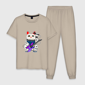 Мужская пижама хлопок с принтом рок кот нэко с микрофоном и гитарой в Санкт-Петербурге, 100% хлопок | брюки и футболка прямого кроя, без карманов, на брюках мягкая резинка на поясе и по низу штанин
 | 
