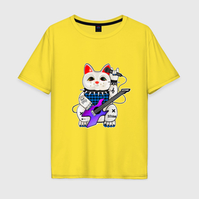 Мужская футболка хлопок Oversize с принтом рок кот нэко с микрофоном и гитарой в Санкт-Петербурге, 100% хлопок | свободный крой, круглый ворот, “спинка” длиннее передней части | 