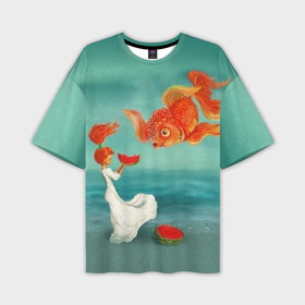 Мужская футболка oversize 3D с принтом Девочка с арбузом и золотая рыбка ,  |  | 
