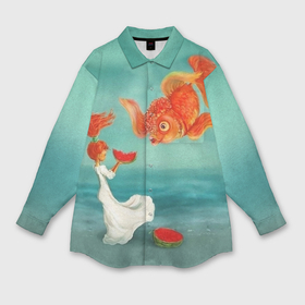 Мужская рубашка oversize 3D с принтом Девочка с арбузом и золотая рыбка ,  |  | 