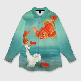 Женская рубашка oversize 3D с принтом Девочка с арбузом и золотая рыбка в Санкт-Петербурге,  |  | 