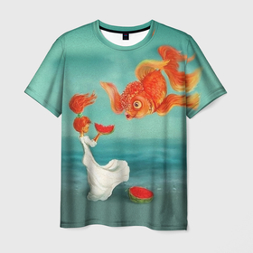 Мужская футболка 3D с принтом Девочка с арбузом и золотая рыбка в Санкт-Петербурге, 100% полиэфир | прямой крой, круглый вырез горловины, длина до линии бедер | 