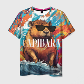 Мужская футболка 3D с принтом Капибара в очках на красочных волнах в Курске, 100% полиэфир | прямой крой, круглый вырез горловины, длина до линии бедер | Тематика изображения на принте: 