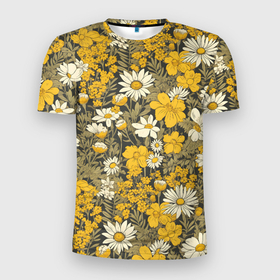 Мужская футболка 3D Slim с принтом Полевые и луговые цветы в Петрозаводске, 100% полиэстер с улучшенными характеристиками | приталенный силуэт, круглая горловина, широкие плечи, сужается к линии бедра | Тематика изображения на принте: 