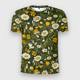 Мужская футболка 3D Slim с принтом Луговые и полевые цветы в Петрозаводске, 100% полиэстер с улучшенными характеристиками | приталенный силуэт, круглая горловина, широкие плечи, сужается к линии бедра | Тематика изображения на принте: 