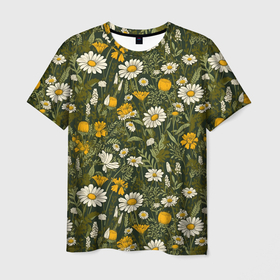Мужская футболка 3D с принтом Луговые и полевые цветы в Екатеринбурге, 100% полиэфир | прямой крой, круглый вырез горловины, длина до линии бедер | Тематика изображения на принте: 