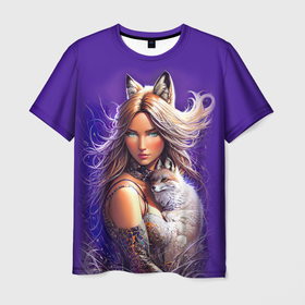 Мужская футболка 3D с принтом A fox girl with a fox cub   neural network в Кировске, 100% полиэфир | прямой крой, круглый вырез горловины, длина до линии бедер | 