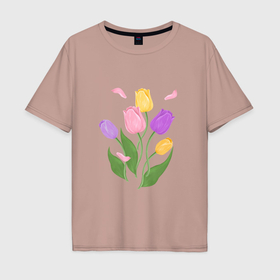 Мужская футболка хлопок Oversize с принтом Весенние цветы тюльпаны , 100% хлопок | свободный крой, круглый ворот, “спинка” длиннее передней части | Тематика изображения на принте: 