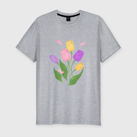 Мужская футболка хлопок Slim с принтом Весенние цветы тюльпаны , 92% хлопок, 8% лайкра | приталенный силуэт, круглый вырез ворота, длина до линии бедра, короткий рукав | Тематика изображения на принте: 