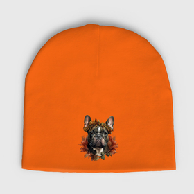 Мужская шапка демисезонная с принтом Французский бульдог тигровый с венком из осенних листьев в Белгороде,  |  | Тематика изображения на принте: 