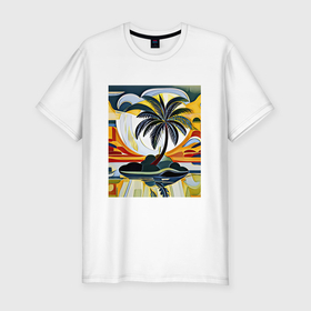 Мужская футболка хлопок Slim с принтом Кокосовая пальма на островке , 92% хлопок, 8% лайкра | приталенный силуэт, круглый вырез ворота, длина до линии бедра, короткий рукав | 