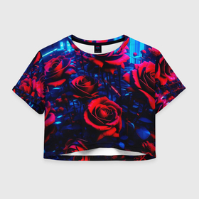 Женская футболка Crop-top 3D с принтом Красные розы cuberpank в Петрозаводске, 100% полиэстер | круглая горловина, длина футболки до линии талии, рукава с отворотами | 