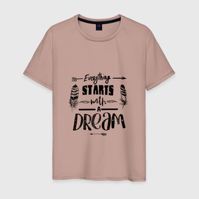 Мужская футболка хлопок с принтом Everything starts with a dream все начинается с мечты. в Екатеринбурге, 100% хлопок | прямой крой, круглый вырез горловины, длина до линии бедер, слегка спущенное плечо. | 