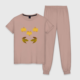 Женская пижама хлопок с принтом Листья желтые   осень в Екатеринбурге, 100% хлопок | брюки и футболка прямого кроя, без карманов, на брюках мягкая резинка на поясе и по низу штанин | 