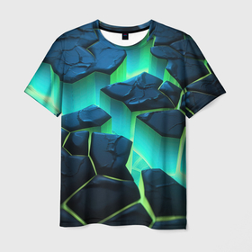 Мужская футболка 3D с принтом Разлом объемных зеленых плит в Кировске, 100% полиэфир | прямой крой, круглый вырез горловины, длина до линии бедер | 