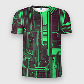 Мужская футболка 3D Slim с принтом Кибер схемы зелёные , 100% полиэстер с улучшенными характеристиками | приталенный силуэт, круглая горловина, широкие плечи, сужается к линии бедра | Тематика изображения на принте: 