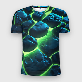 Мужская футболка 3D Slim с принтом Разлом зеленых плит с неоном в Санкт-Петербурге, 100% полиэстер с улучшенными характеристиками | приталенный силуэт, круглая горловина, широкие плечи, сужается к линии бедра | 