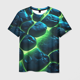 Мужская футболка 3D с принтом Разлом зеленых плит с неоном в Екатеринбурге, 100% полиэфир | прямой крой, круглый вырез горловины, длина до линии бедер | 