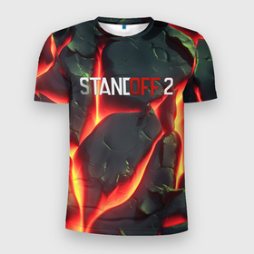 Мужская футболка 3D Slim с принтом Standoff 2 logo  red texture в Петрозаводске, 100% полиэстер с улучшенными характеристиками | приталенный силуэт, круглая горловина, широкие плечи, сужается к линии бедра | 
