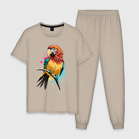Мужская пижама хлопок с принтом Акварельный попугай в Петрозаводске, 100% хлопок | брюки и футболка прямого кроя, без карманов, на брюках мягкая резинка на поясе и по низу штанин
 | Тематика изображения на принте: 