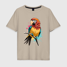 Мужская футболка хлопок Oversize с принтом Акварельный попугай в Курске, 100% хлопок | свободный крой, круглый ворот, “спинка” длиннее передней части | 