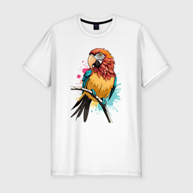 Мужская футболка хлопок Slim с принтом Акварельный попугай в Петрозаводске, 92% хлопок, 8% лайкра | приталенный силуэт, круглый вырез ворота, длина до линии бедра, короткий рукав | Тематика изображения на принте: 