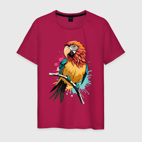 Мужская футболка хлопок с принтом Акварельный попугай в Курске, 100% хлопок | прямой крой, круглый вырез горловины, длина до линии бедер, слегка спущенное плечо. | 