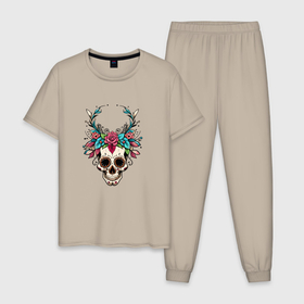Мужская пижама хлопок с принтом Мексиканский рогатый череп в Курске, 100% хлопок | брюки и футболка прямого кроя, без карманов, на брюках мягкая резинка на поясе и по низу штанин
 | 