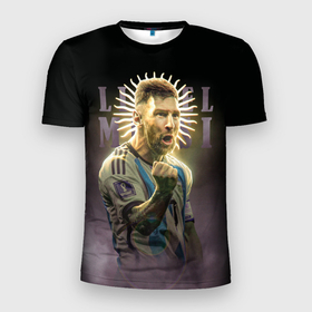 Мужская футболка 3D Slim с принтом Лионель Месси сборная Аргентины ЧМ 2022 в Петрозаводске, 100% полиэстер с улучшенными характеристиками | приталенный силуэт, круглая горловина, широкие плечи, сужается к линии бедра | 