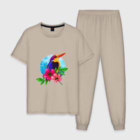 Мужская пижама хлопок с принтом тропическая птица в цветах в Санкт-Петербурге, 100% хлопок | брюки и футболка прямого кроя, без карманов, на брюках мягкая резинка на поясе и по низу штанин
 | 