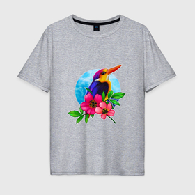 Мужская футболка хлопок Oversize с принтом тропическая птица в цветах в Петрозаводске, 100% хлопок | свободный крой, круглый ворот, “спинка” длиннее передней части | 