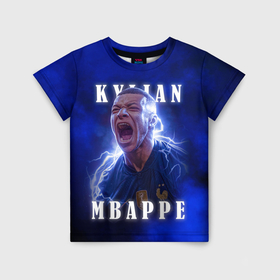 Детская футболка 3D с принтом Килиан Мбаппе сборная Франции в Кировске, 100% гипоаллергенный полиэфир | прямой крой, круглый вырез горловины, длина до линии бедер, чуть спущенное плечо, ткань немного тянется | 