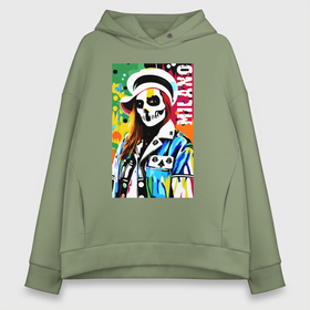 Женское худи Oversize хлопок с принтом Skeleton fashionista Milano   pop art в Новосибирске, френч-терри — 70% хлопок, 30% полиэстер. Мягкий теплый начес внутри —100% хлопок | боковые карманы, эластичные манжеты и нижняя кромка, капюшон на магнитной кнопке | 