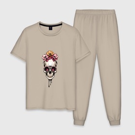 Мужская пижама хлопок с принтом Череп и цветы в Курске, 100% хлопок | брюки и футболка прямого кроя, без карманов, на брюках мягкая резинка на поясе и по низу штанин
 | 