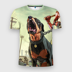 Мужская футболка 3D Slim с принтом Собака из GTA в Кировске, 100% полиэстер с улучшенными характеристиками | приталенный силуэт, круглая горловина, широкие плечи, сужается к линии бедра | 