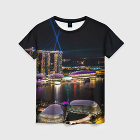 Женская футболка 3D с принтом Ночной город красочный , 100% полиэфир ( синтетическое хлопкоподобное полотно) | прямой крой, круглый вырез горловины, длина до линии бедер | 