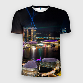 Мужская футболка 3D Slim с принтом Ночной город красочный в Петрозаводске, 100% полиэстер с улучшенными характеристиками | приталенный силуэт, круглая горловина, широкие плечи, сужается к линии бедра | 