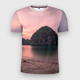 Мужская футболка 3D Slim с принтом Розовое озеро и острова в Екатеринбурге, 100% полиэстер с улучшенными характеристиками | приталенный силуэт, круглая горловина, широкие плечи, сужается к линии бедра | 
