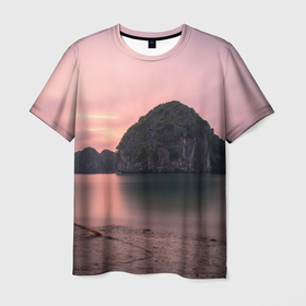 Мужская футболка 3D с принтом Розовое озеро и острова , 100% полиэфир | прямой крой, круглый вырез горловины, длина до линии бедер | Тематика изображения на принте: 