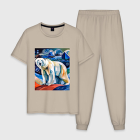 Мужская пижама хлопок с принтом Белый медведь в арктике в Санкт-Петербурге, 100% хлопок | брюки и футболка прямого кроя, без карманов, на брюках мягкая резинка на поясе и по низу штанин
 | Тематика изображения на принте: 